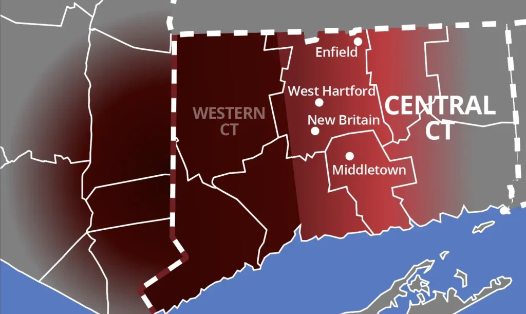 hvac service area map for degree heating and cooling showing central connecticut